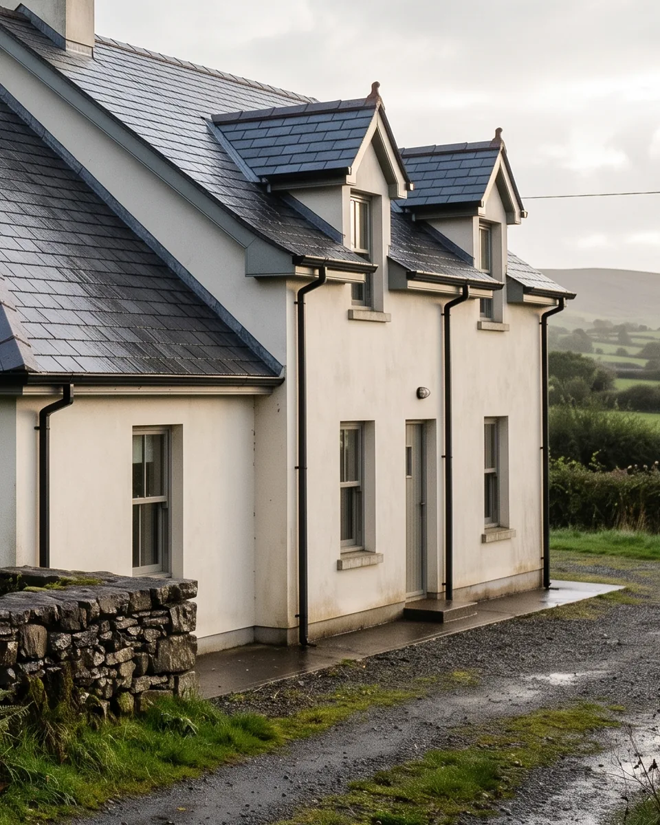 Illustrative Irish home entrance with cream walls, windows, planting and slate roofline