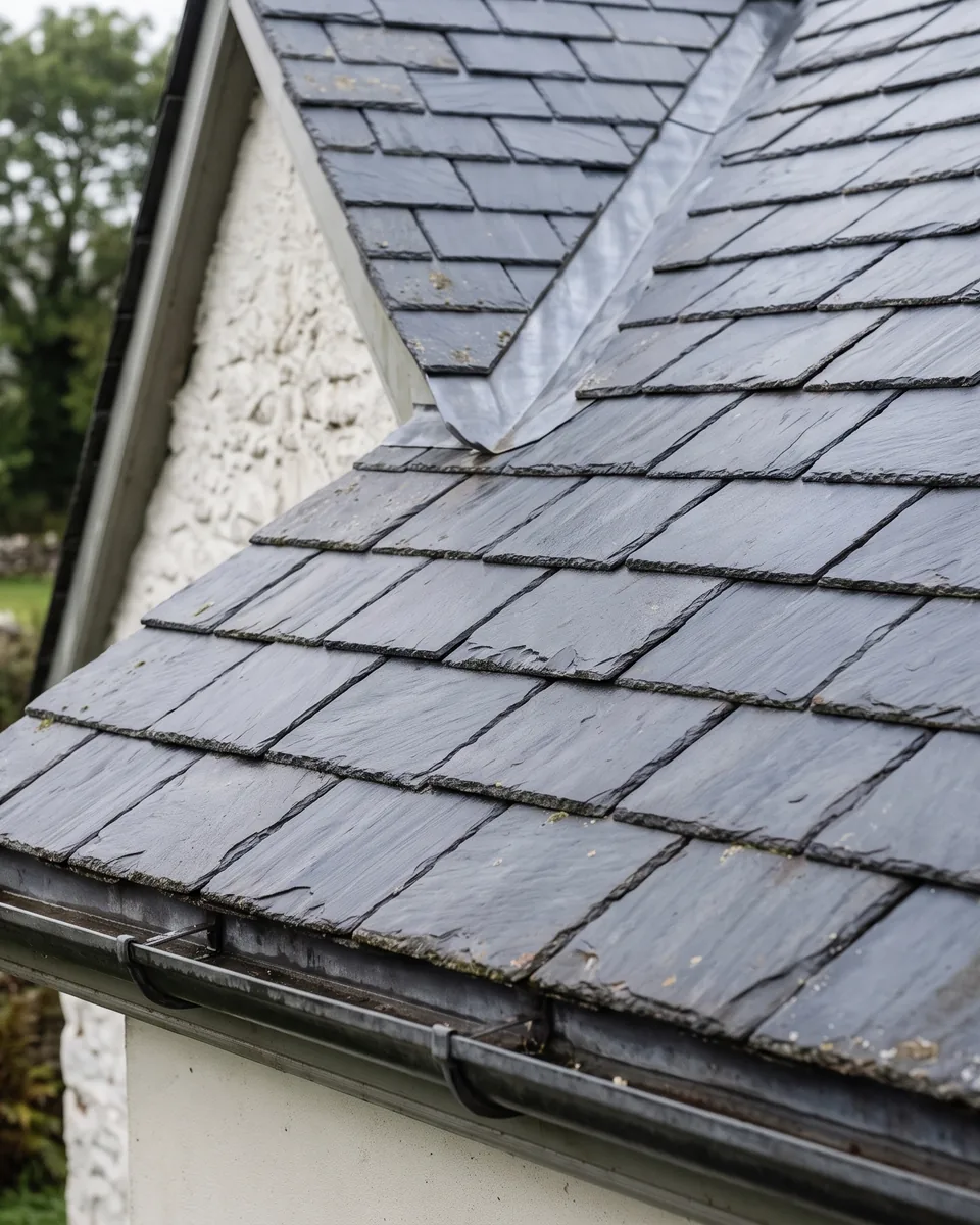 Illustrative close view of natural slate and a rendered Irish home's roofline